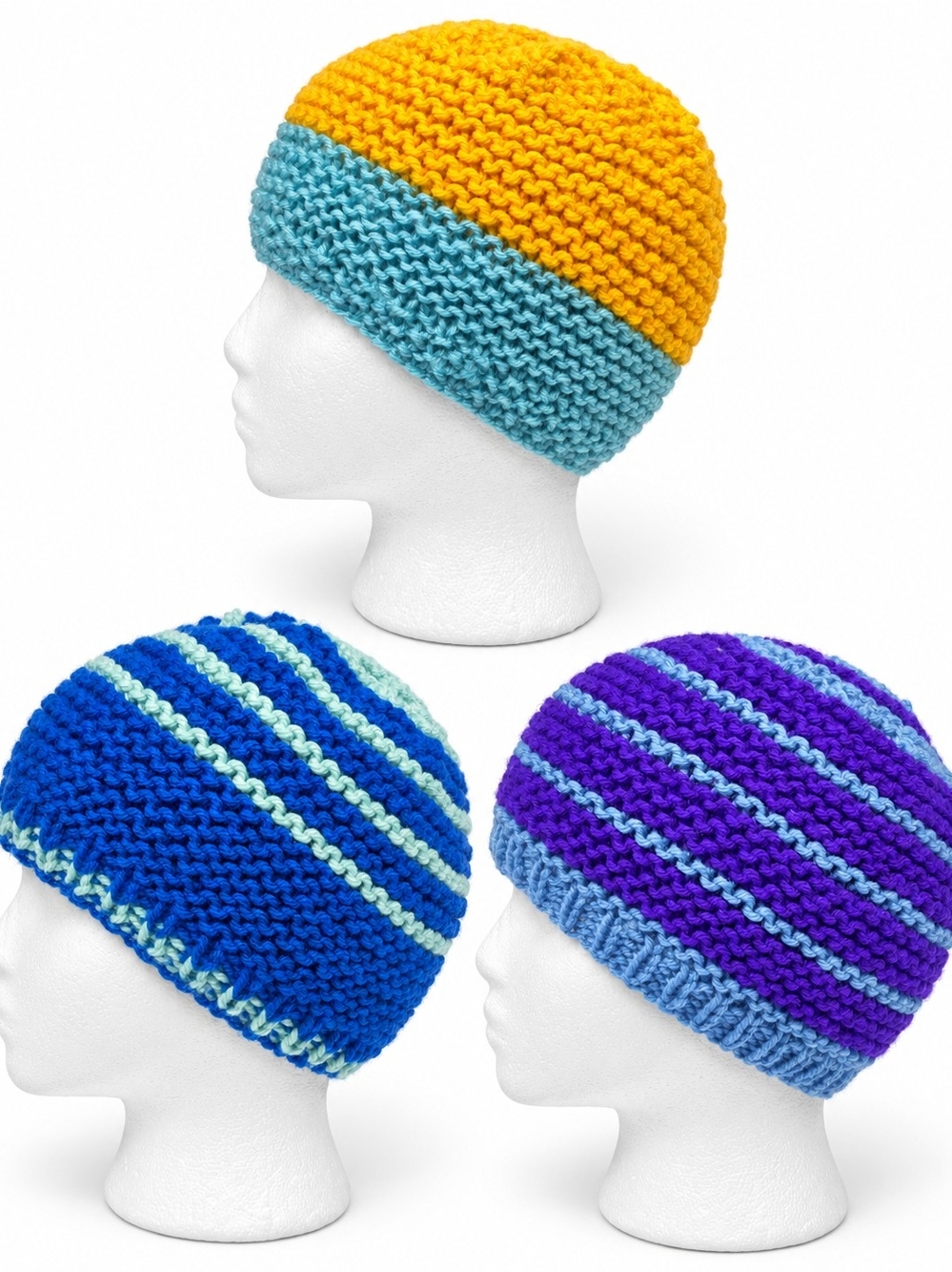 Set of 3 Beanie Hats New Hand Knit Colorblock Winter Caps Blue Purple Yellow